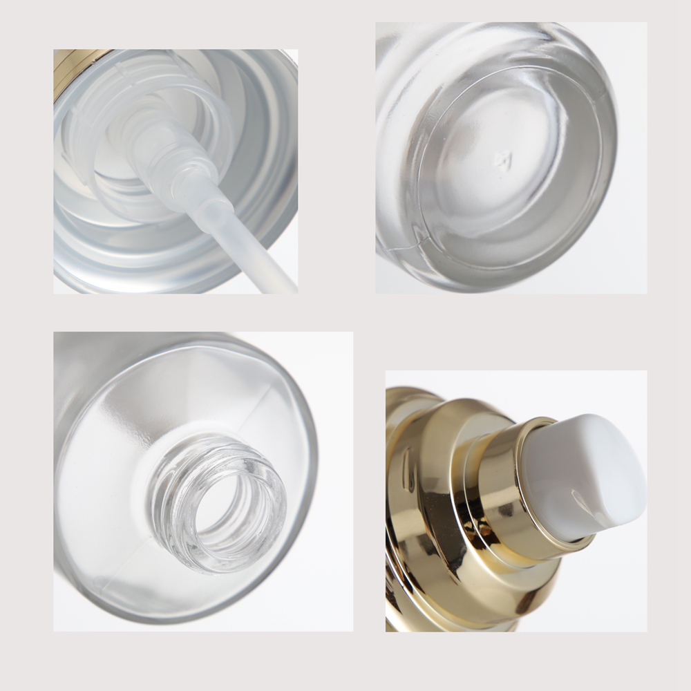 Elegant Cylinder Clear Glass Serum Bottle with Gold Pump & Black Electroplated Cap - Gambar 2