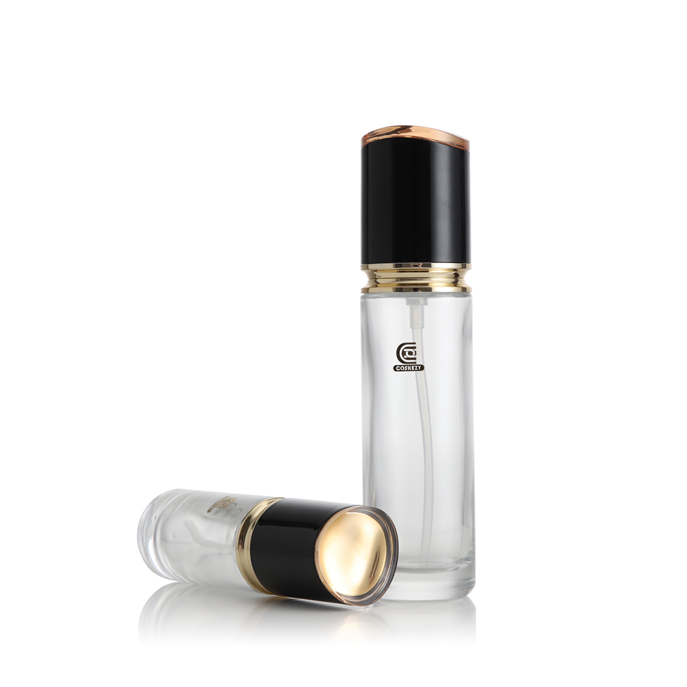 Elegant Cylinder Clear Glass Serum Bottle with Gold Pump & Black Electroplated Cap - Gambar 8
