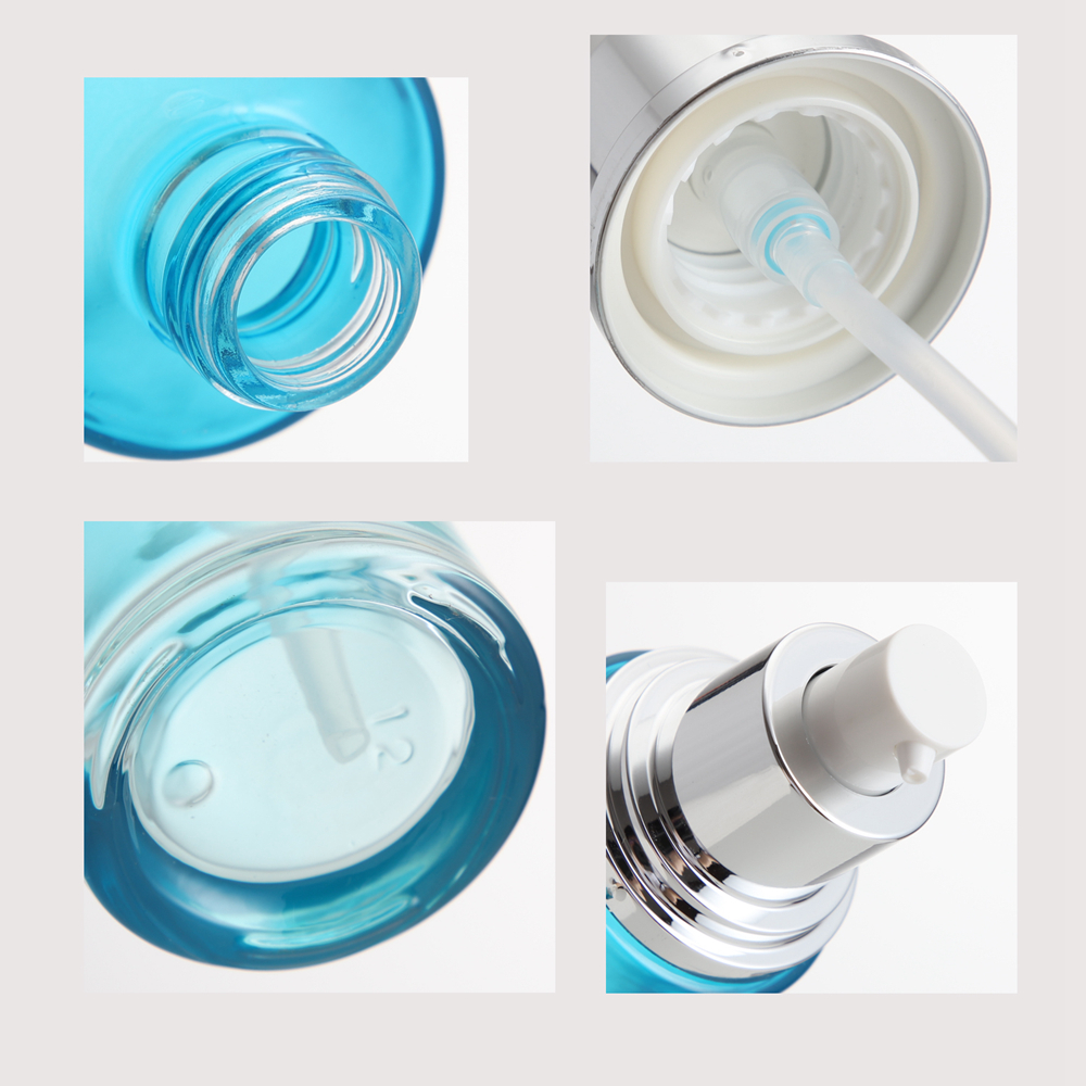 Premium Blue Cylinder Glass Pump Bottle with Silver Cap 40ml 100ml 120ml - Image 2