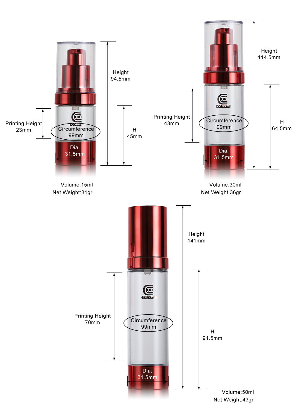 15ml 30ml 50ml airless lotion bottle