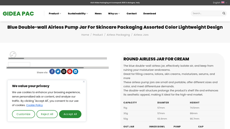 Blue Double-wall Airless Pump Jar For Skincare Packaging Assorted Color Lightweight Design