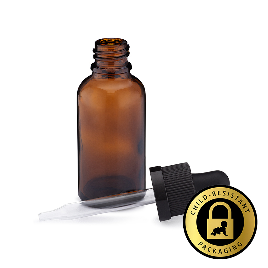 custom child resistant glass bottle with dropper