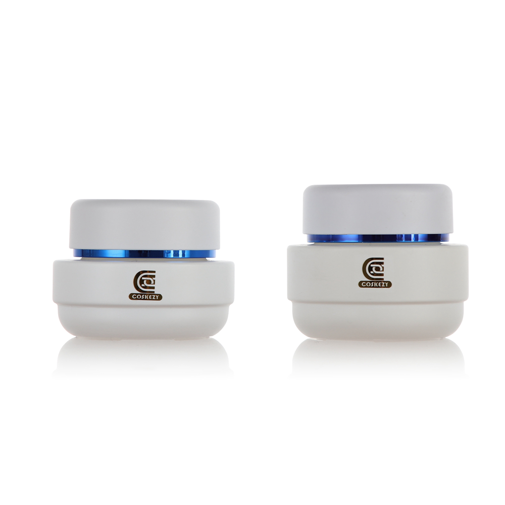 White Glass Cosmetic Container with Blue Trim for Cream,Lotion and Other Skincare Packaging - immagine 3