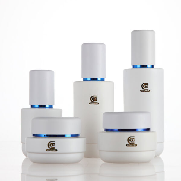 White Glass Cosmetic Container with Blue Trim for Cream,Lotion and Other Skincare Packaging