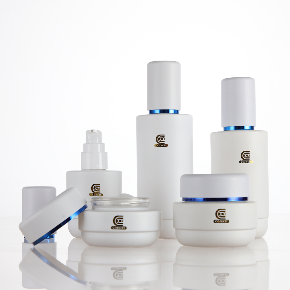 White Glass Cosmetic Container with Blue Trim for Cream,Lotion and Other Skincare Packaging - immagine 2